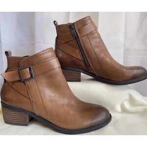 Vince Camuto Beamer Ankle Boot Womens Sz 6.5 36.5 Brown Leather Zip Buckle Moto